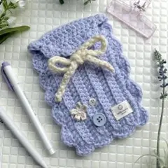 【No.111】 ボタンのリボンペンケース 編み物 ハンドメイド パープル