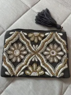 刺繍ポーチ グレー タッセル付き