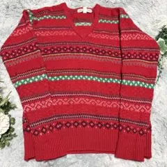 【PRINCE ST. STUDIO】総柄ボーダー 赤いVネックニットセーター