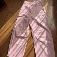 花柄プリント ストレートデニムパンツ ピンク