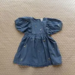 h&m ベビー 9-12m 80cm 花刺繍 デニム ワンピース