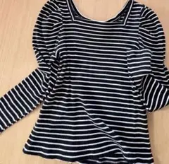 GU リブニット スクエアネック パフスリーブ 黒白ストライプＭサイズ