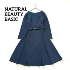 ナチュラルビューティベーシック　ベルテッドワンピース　洗えるジョーゼット　М　紺