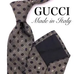 【美品】GUCCI ネクタイ チェック柄 ロゴ 総柄 ブラック ゴールド 光沢感