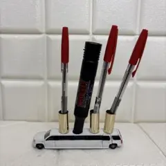 リムジン型ペン立て 赤い ボールペン 3本 水性マジックペン 黒 １本 付