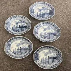 染付 木瓜型 手描き 変形皿 骨董 5客 向付 山水図 銘々皿 時代物 
