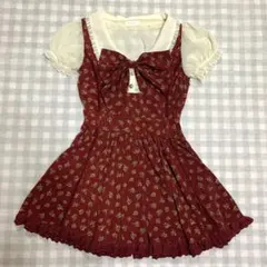 LIZLISA 希少 花柄 ボルドー リボン 半袖 ワンピース