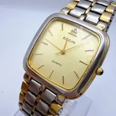 【稼働品 新品電池】エルジン　メンズ 腕時計 ゴールド コンビ スクエアのサムネイル