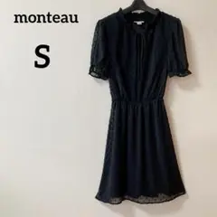 monteau モントー 【S】ドット柄 シフォン 半袖ワンピース ブラック