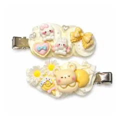 ヘアクリップセット ゆるかわ くま うさぎ お花 レモンカラー ホイップデコ