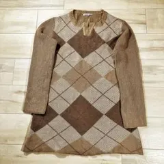 アーガイル柄ニットセーターブラウンベージュレトロヴィンテージレディースカジュアル