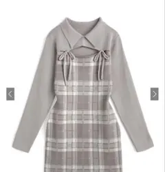 チェック柄フロントオープンリボンニットワンピース ru1373 L