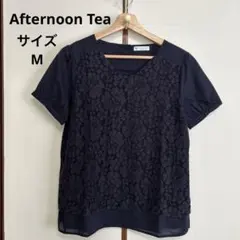 [美品]アフタヌーンティー　ネイビー 花柄レース 半袖ブラウス　Mサイズ