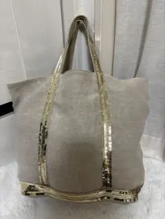 リネン ベージュ トートバッグ スパンコール