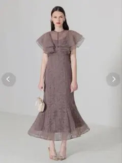 【LEJA】フリル半袖シアーレース花柄刺繍ウエストマークマーメイドワンピース