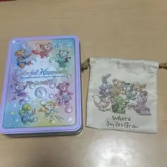 ディズニー　ダッフィー&フレンズ　20周年　カラフルハピネス　クッキー缶　巾着