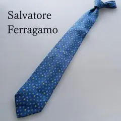 フェラガモ シルクネクタイ 青色 花柄 ビジネス定番 イタリア製【n6354】