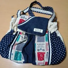 ハンドメイド ハンドバッグ ネイビー ドット柄