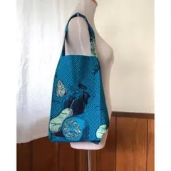 アフリカ布　アフリカンプリント エコバッグ　ハンドメイド《ターコイズブルー蝶》のサムネイル