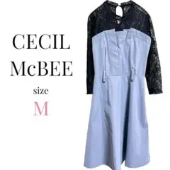 セシルマクビー【M】切り替えワンピース　デニム風ドレス　レース　可愛い　デートのサムネイル