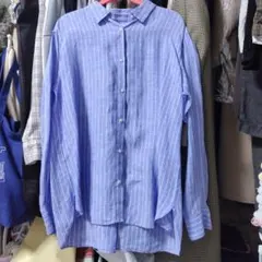 ユニクロ プレミアリネンシャツ XL ストライプ ブルー ホワイト 人気