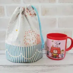 ハンドメイド☆コップ袋　ninaメトゥサエナチュラル×水色①