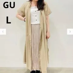 GU Lサイズ ベージュ バンドカラー　半袖 ギャザー ロング ワンピース