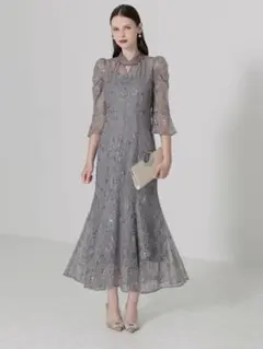 スパンコール花柄パフスリーブマーメイドワンピースドレス結婚式成人式パーティー