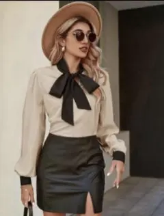 値下げリボン付き長袖ブラウス