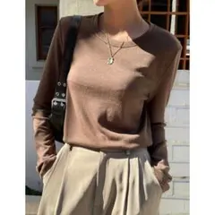 DAZY 薄手 長袖カットソー クルーネック ブラウン 無地 シンプル ニット