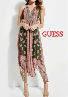GUESSノースリーブ ロングワンピース 花柄グリーン赤のサムネイル