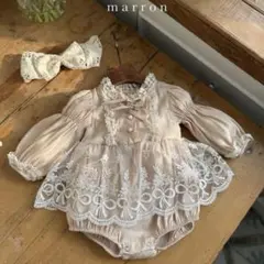 marron ピンクベージュ リボン レース 刺繍ロンパース 80cm