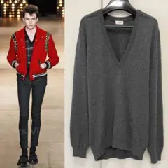 14AW サンローランパリ カシミア100 レザーエルボーパッチ Vネックニットのサムネイル