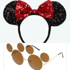 ミニーマウス風スパンコール耳カチューシャとサングラス2点セット