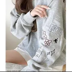 前後2way袖刺繍デザイン裏起毛トレーナー グレー Mサイズ