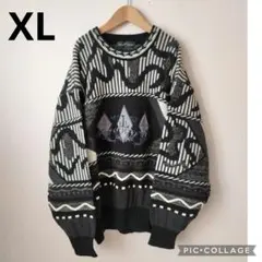 立体総柄 ニットセーター XL ヴィンテージ　黒白 レトロ 幾何学
