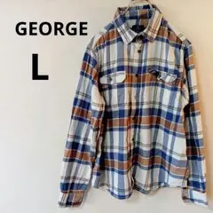 USA古着 GEORGE ネルシャツ ブルー ブラウン チェック L