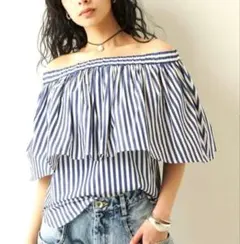 Whim Gazette タイプライター オフショルブラウス ストライプ シャツのサムネイル