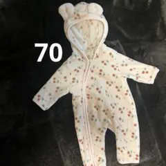 くま耳フード チェリー柄フリースロンパース70
