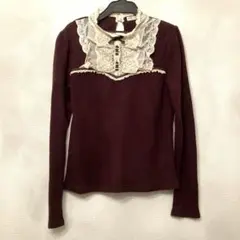 アクシーズ レース襟付きワインレッド長袖トップス　Mサイズ