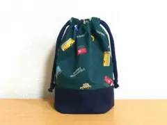 H197【通園・通学グッズ】ハンドメイドコップ袋(働く車柄グリーン）