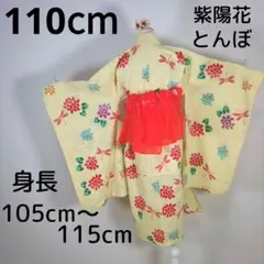 レトロ　キッズ　子供　浴衣　110cm　女の子　黄　とんぼ　紫陽花　兵児帯　赤