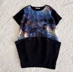 KBF 宇宙柄ワンピース 半袖チュニック トップス サイドポケット ブラック F