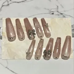 韓国風ガーリー ワンホン リボン×ハート ピンクベージュマグネット ネイルチップ