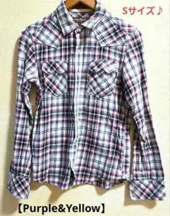 【Purple&Yellow】刺繍ロゴ チェック柄 ウエスタンシャツ Sサイズ