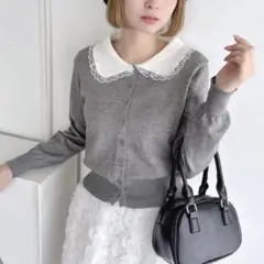 大人気Loueme レーストリム丸襟カーディガン トップス