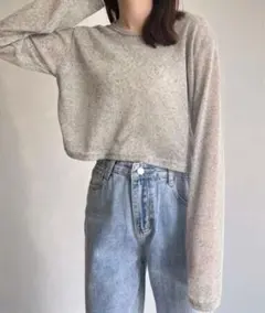 ISOOK グレー 長袖 クロップドシアートップス