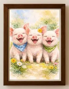 【水彩画アート】陽だまりの三匹に子ブタ　2L版写真用紙