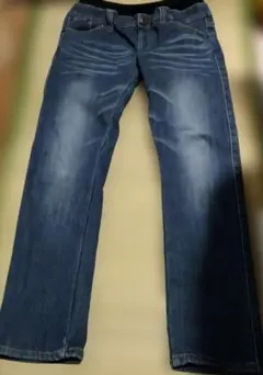 150センチデニムブルー ゴムウエスト ストレートパンツ裏起毛