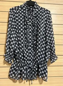 黒白チェック フリルチュニック 七分丈